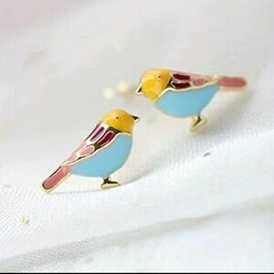 NEW 18K Gold Plated Hummingbird Yellow‎ Blue Pink Enameled Dainty Stud Earrings
